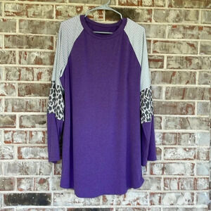 Unbranded Purple Striped Leopard Print Raglan Long Sleeved T-shirt